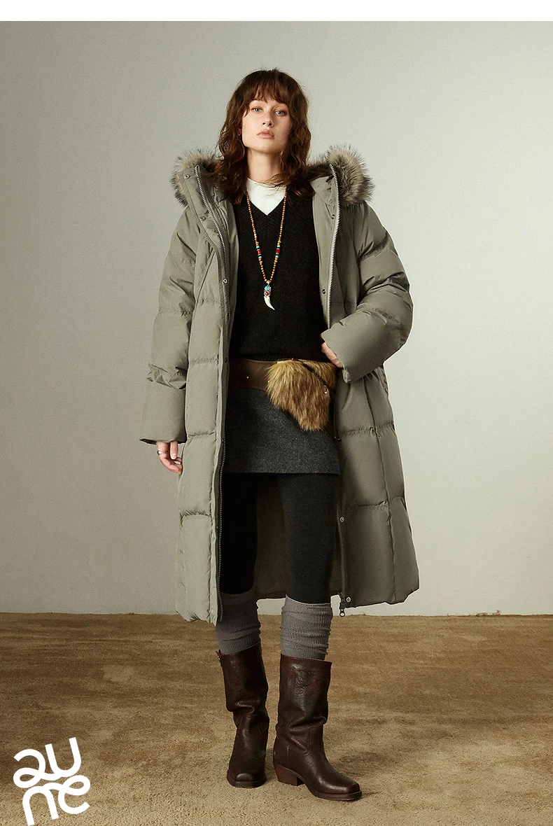 TOYOUTH Women 90% White Duck Down Thick Down Jacket 2025 Winter New Fur Collar Hooded Extra Long Warm Jacket Coat