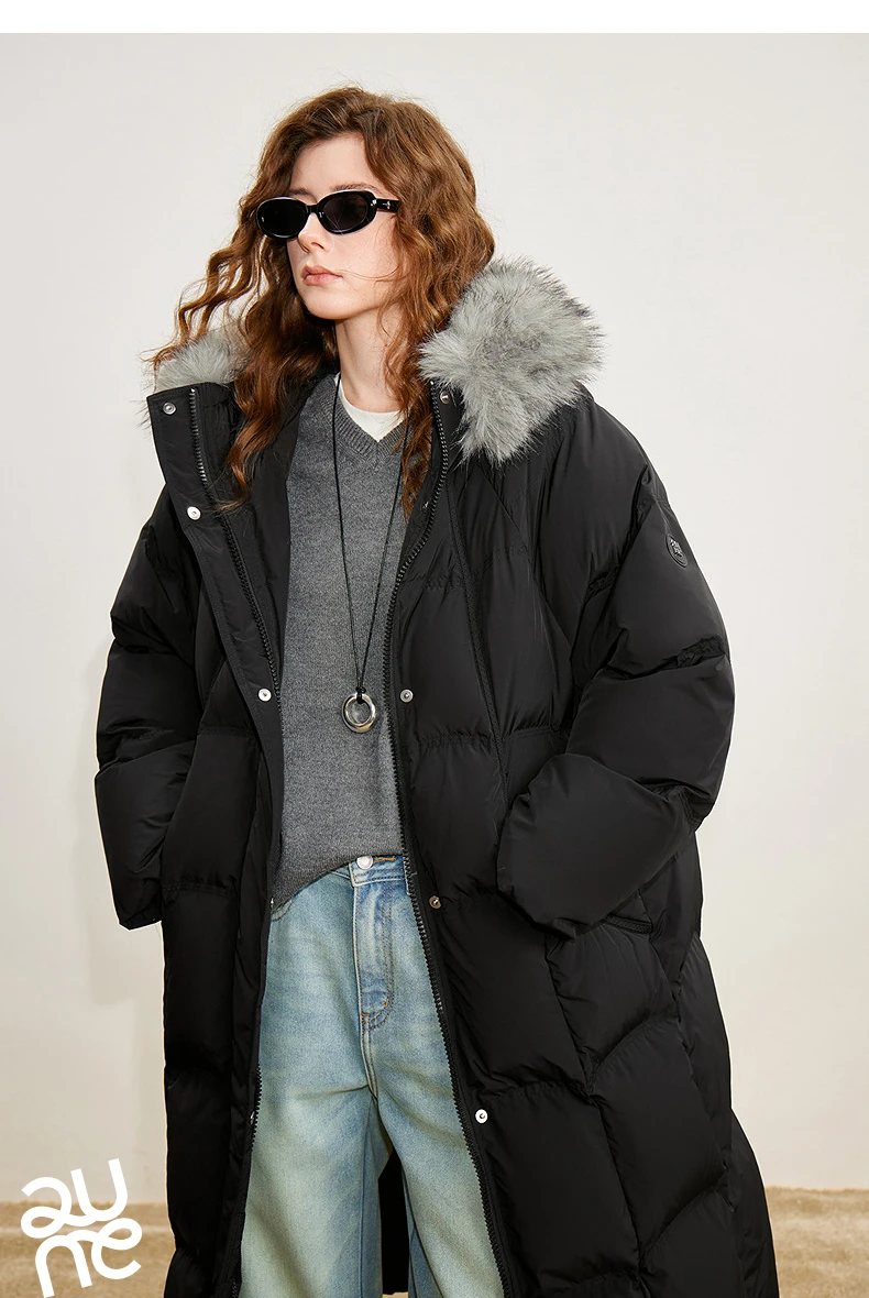 TOYOUTH Women 90% White Duck Down Thick Down Jacket 2025 Winter New Fur Collar Hooded Extra Long Warm Jacket Coat