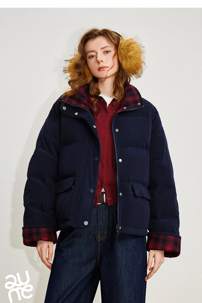 TOYOUTH Women 90% White Duck Down Jacket 2025 Winter New Retro Corduroy Plaid Fluffy Double Side Warm Jacket