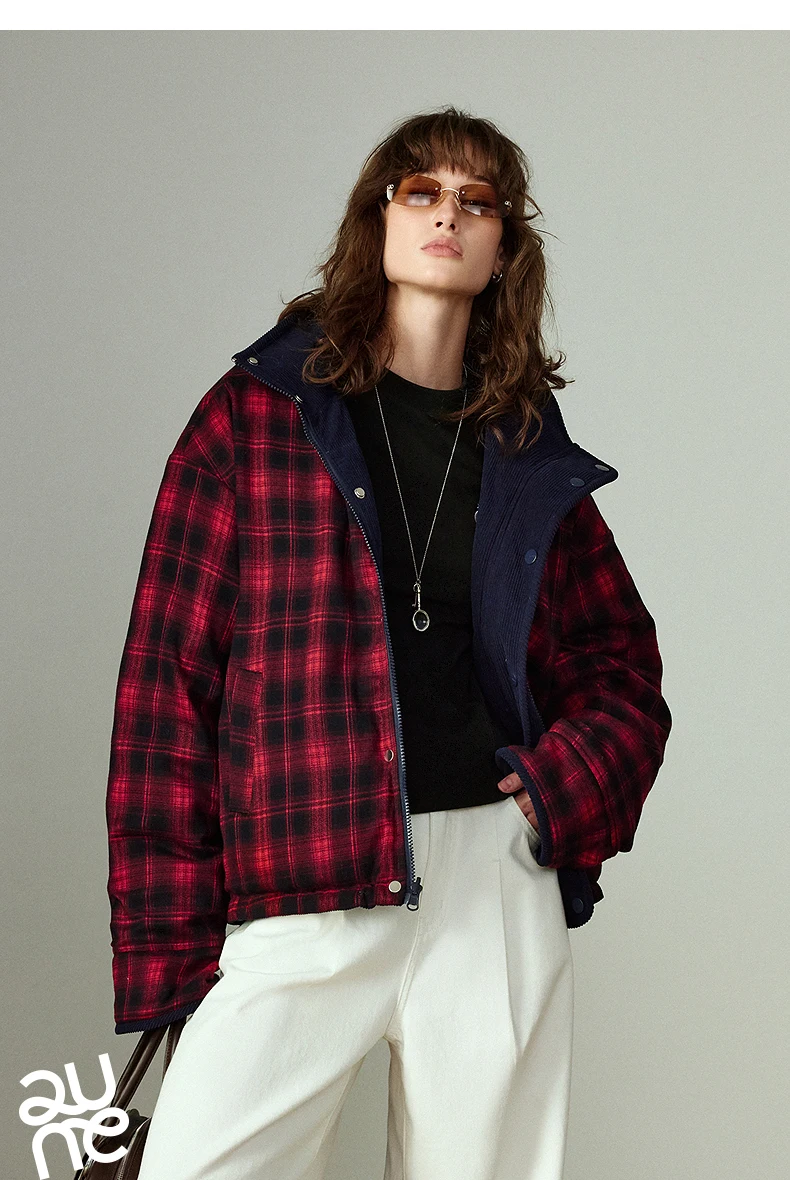 TOYOUTH Women 90% White Duck Down Jacket 2025 Winter New Retro Corduroy Plaid Fluffy Double Side Warm Jacket
