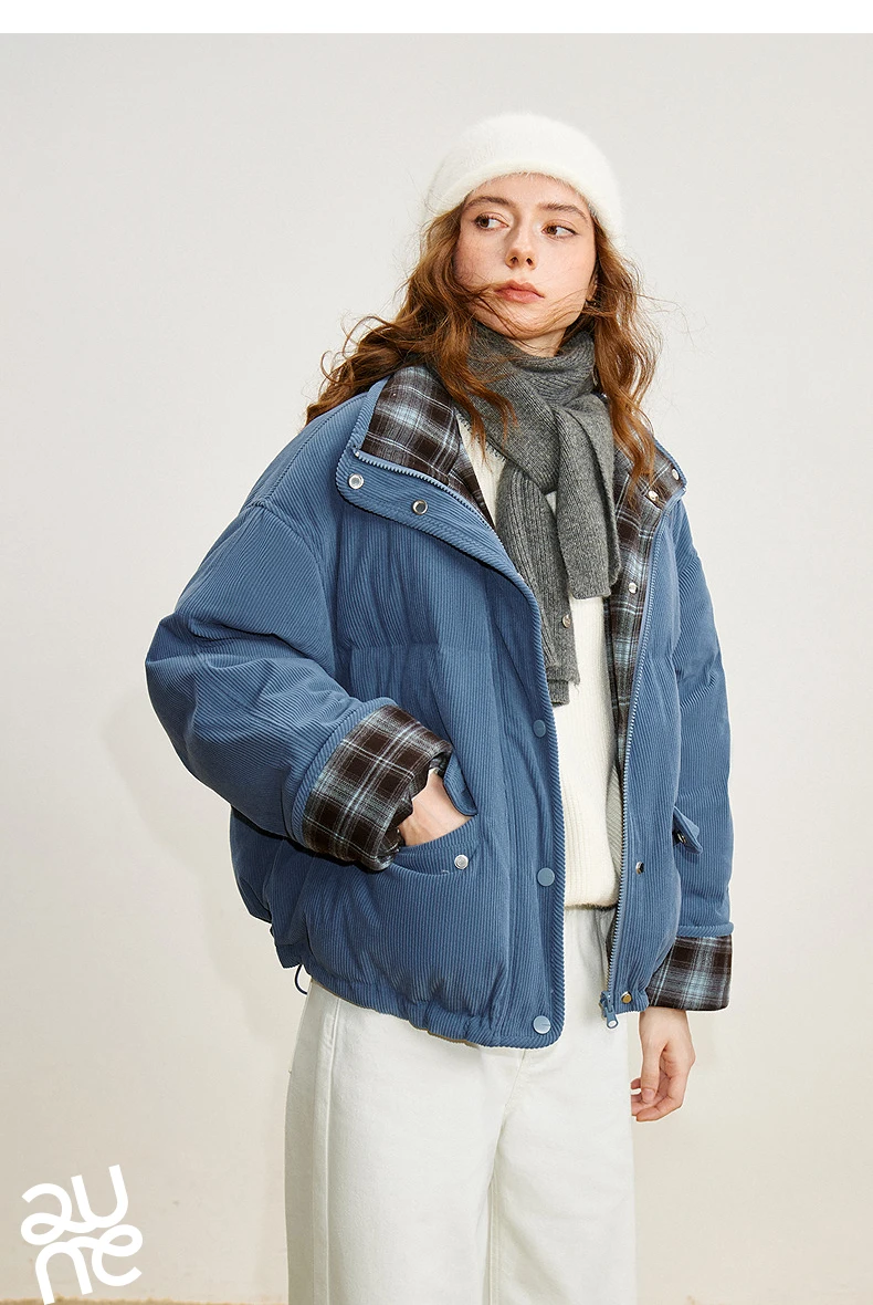 TOYOUTH Women 90% White Duck Down Jacket 2025 Winter New Retro Corduroy Plaid Fluffy Double Side Warm Jacket