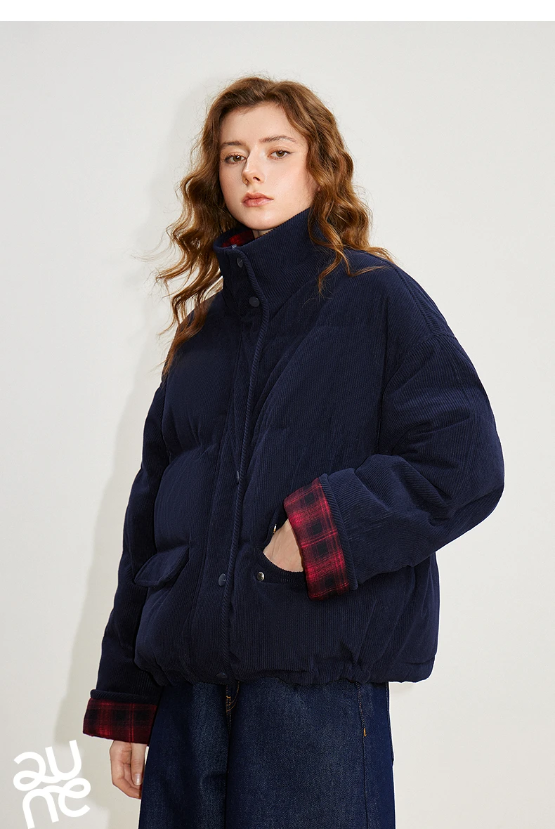 TOYOUTH Women 90% White Duck Down Jacket 2025 Winter New Retro Corduroy Plaid Fluffy Double Side Warm Jacket