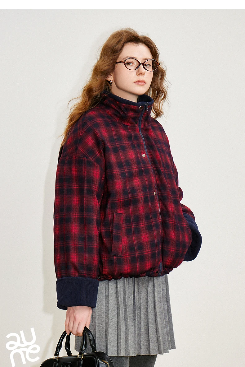 TOYOUTH Women 90% White Duck Down Jacket 2025 Winter New Retro Corduroy Plaid Fluffy Double Side Warm Jacket