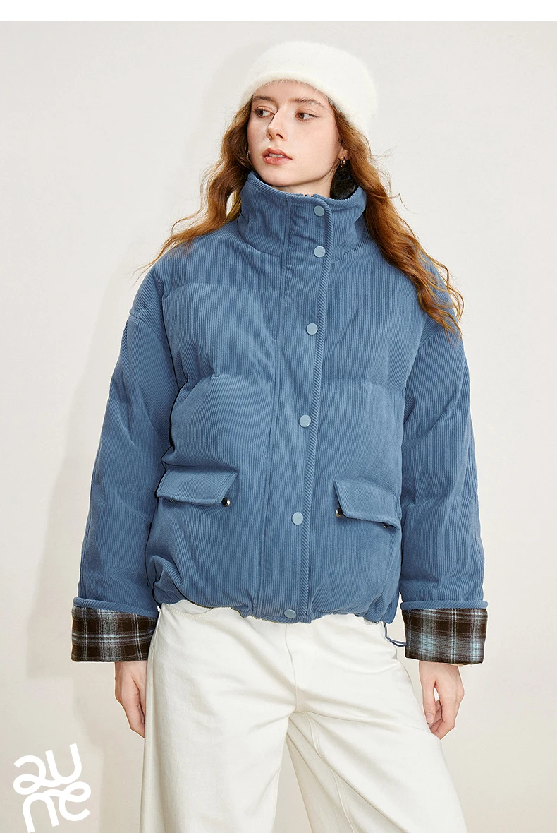 TOYOUTH Women 90% White Duck Down Jacket 2025 Winter New Retro Corduroy Plaid Fluffy Double Side Warm Jacket
