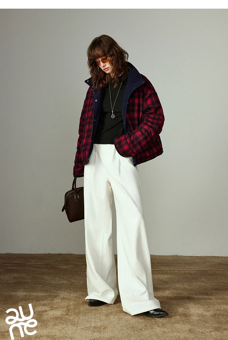 TOYOUTH Women 90% White Duck Down Jacket 2025 Winter New Retro Corduroy Plaid Fluffy Double Side Warm Jacket