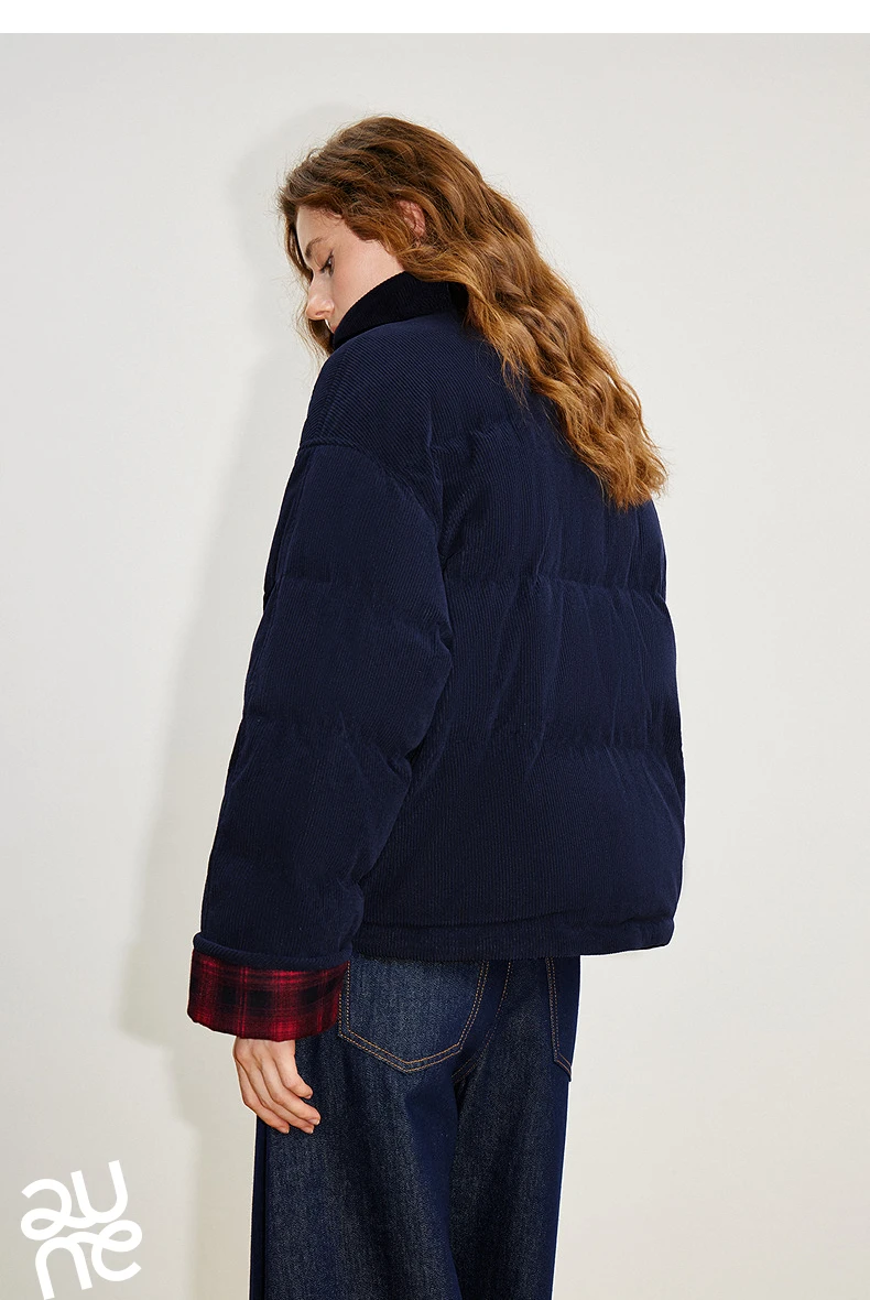 TOYOUTH Women 90% White Duck Down Jacket 2025 Winter New Retro Corduroy Plaid Fluffy Double Side Warm Jacket