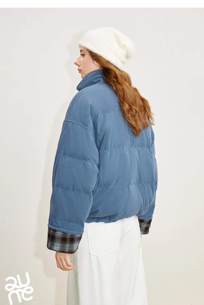 TOYOUTH Women 90% White Duck Down Jacket 2025 Winter New Retro Corduroy Plaid Fluffy Double Side Warm Jacket