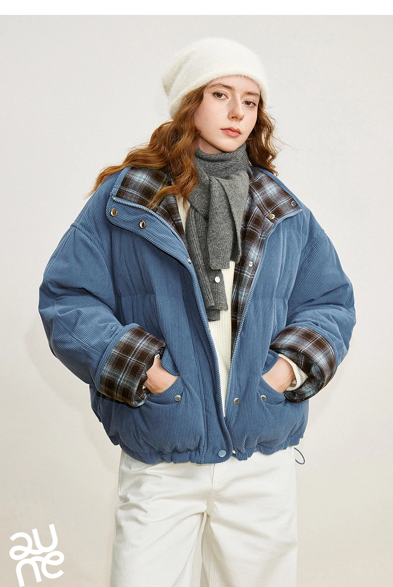 TOYOUTH Women 90% White Duck Down Jacket 2025 Winter New Retro Corduroy Plaid Fluffy Double Side Warm Jacket