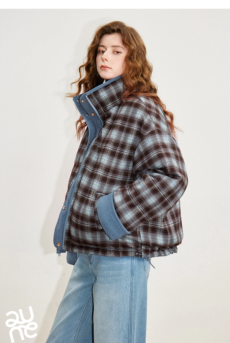 TOYOUTH Women 90% White Duck Down Jacket 2025 Winter New Retro Corduroy Plaid Fluffy Double Side Warm Jacket