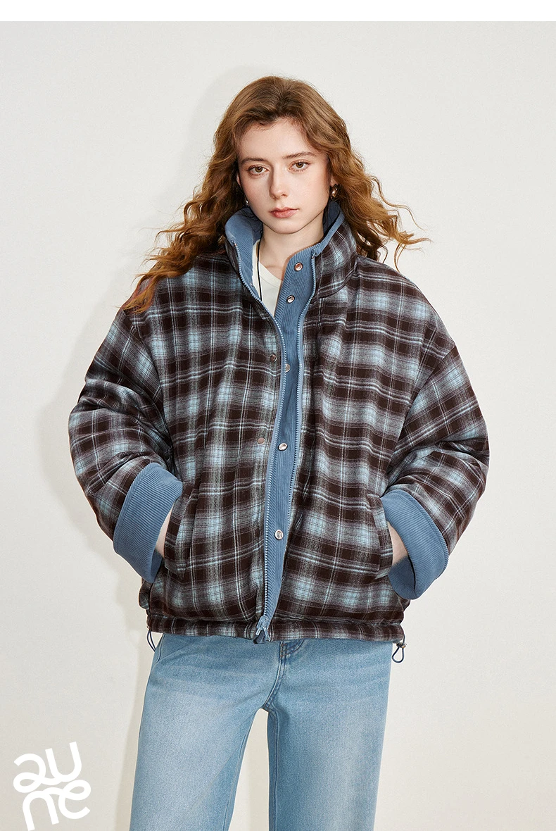TOYOUTH Women 90% White Duck Down Jacket 2025 Winter New Retro Corduroy Plaid Fluffy Double Side Warm Jacket