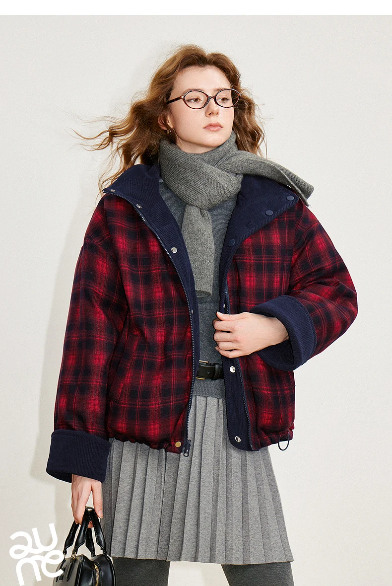 TOYOUTH Women 90% White Duck Down Jacket 2025 Winter New Retro Corduroy Plaid Fluffy Double Side Warm Jacket