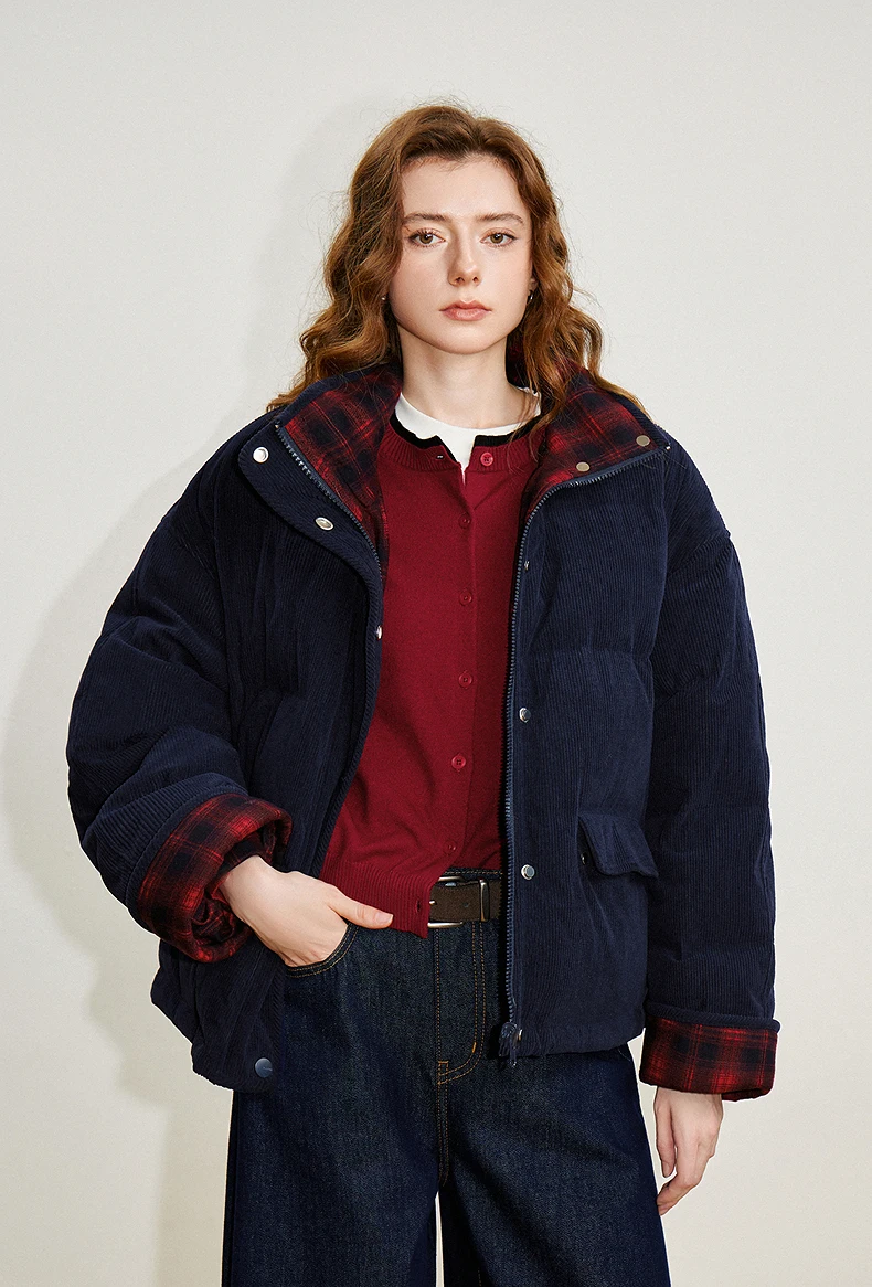 TOYOUTH Women 90% White Duck Down Jacket 2025 Winter New Retro Corduroy Plaid Fluffy Double Side Warm Jacket