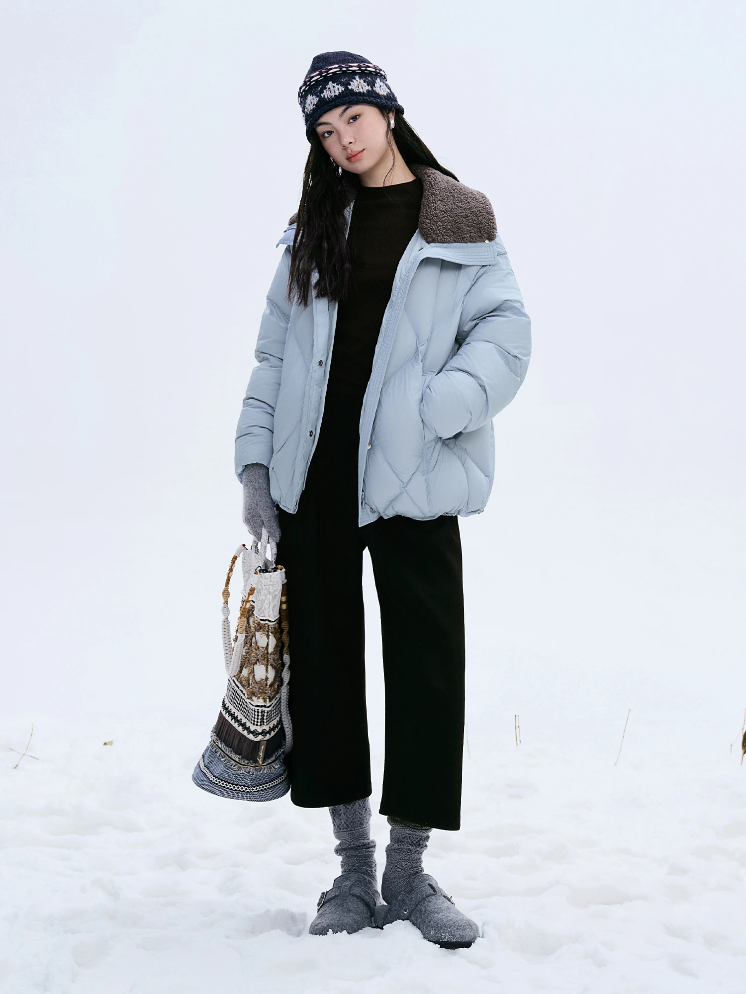 DUSHU Furry Lapel Quilted White Duck Down Coats Women Casual Daily Retro Simple Loose Short Warm Coat Contrast Color Girlish BF