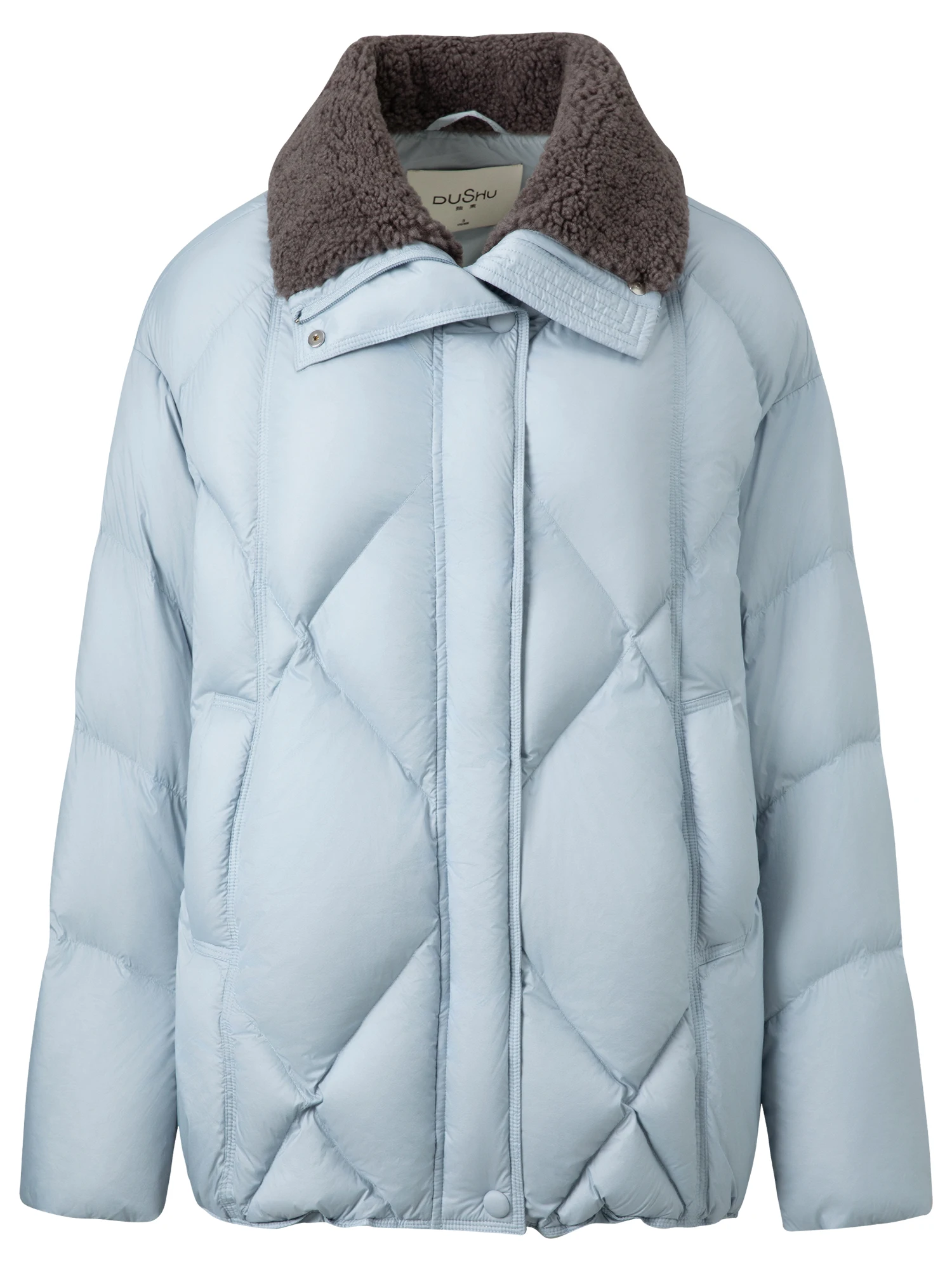 DUSHU Furry Lapel Quilted White Duck Down Coats Women Casual Daily Retro Simple Loose Short Warm Coat Contrast Color Girlish BF