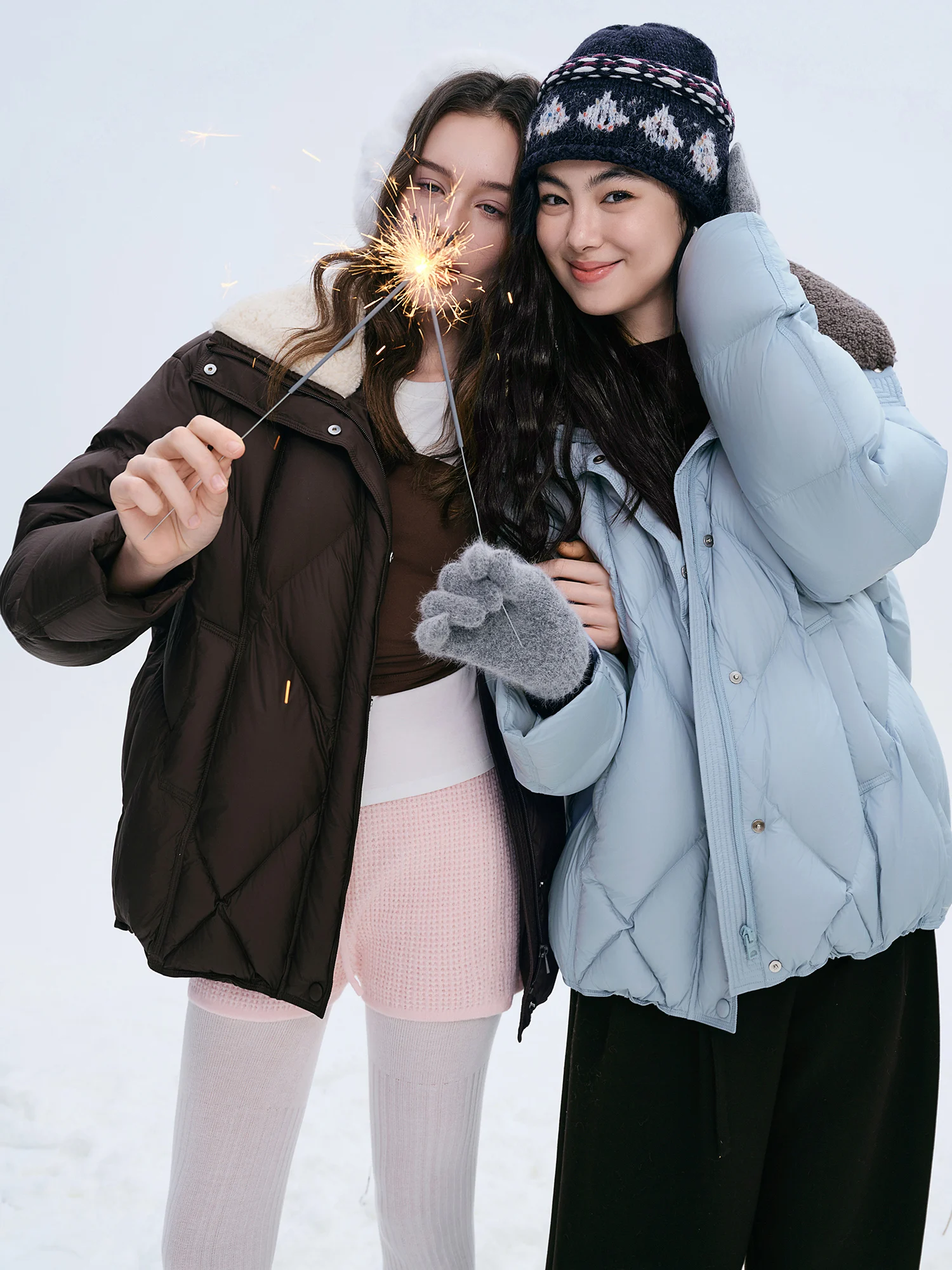 DUSHU Furry Lapel Quilted White Duck Down Coats Women Casual Daily Retro Simple Loose Short Warm Coat Contrast Color Girlish BF