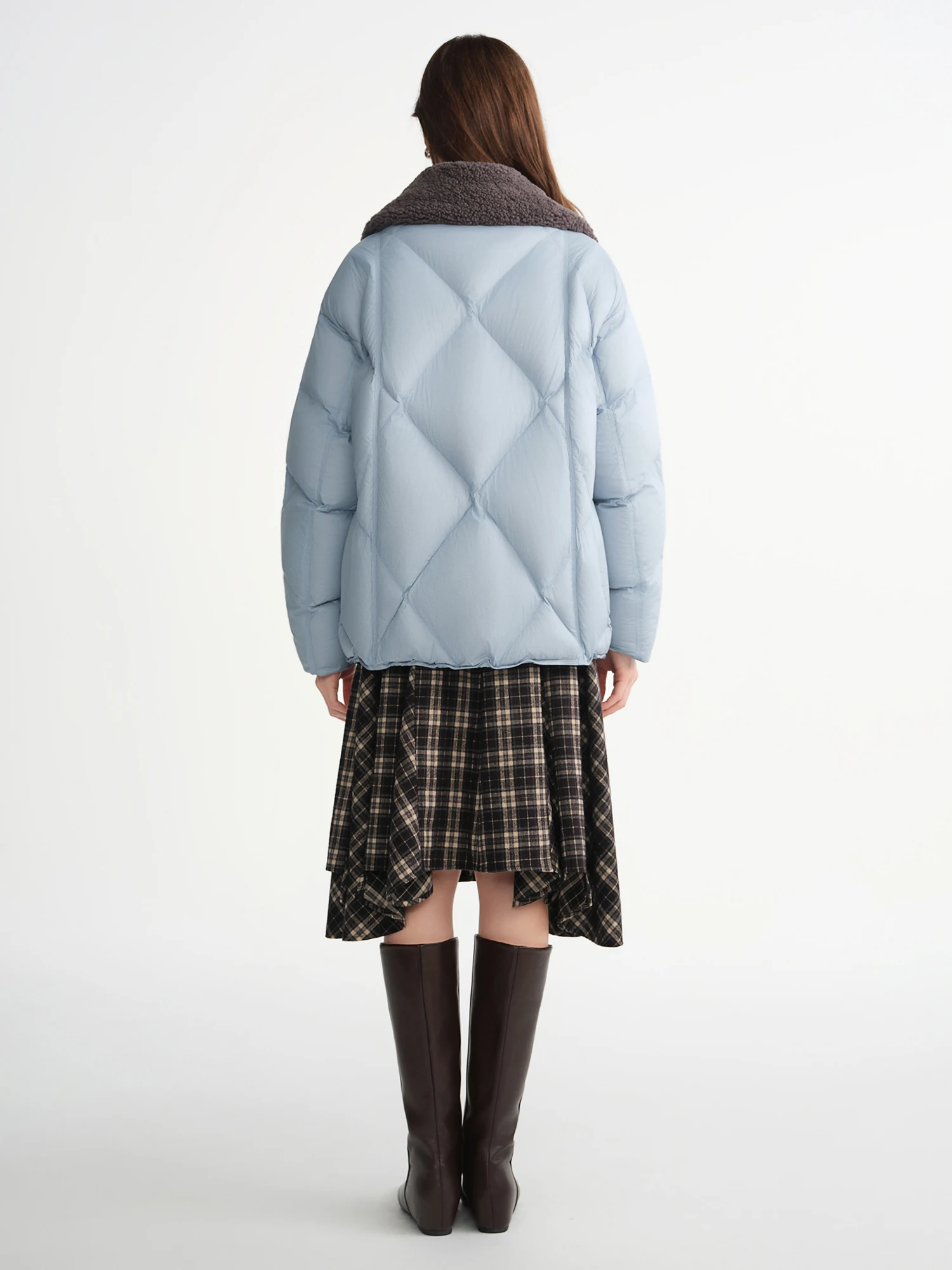 DUSHU Furry Lapel Quilted White Duck Down Coats Women Casual Daily Retro Simple Loose Short Warm Coat Contrast Color Girlish BF