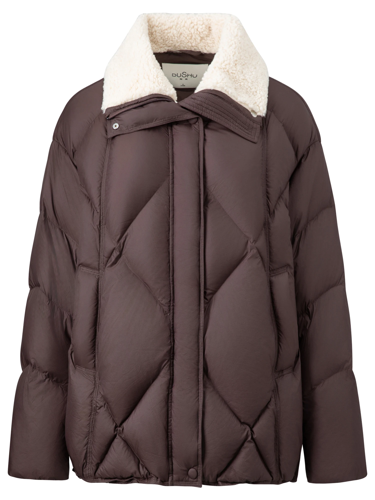 DUSHU Furry Lapel Quilted White Duck Down Coats Women Casual Daily Retro Simple Loose Short Warm Coat Contrast Color Girlish BF