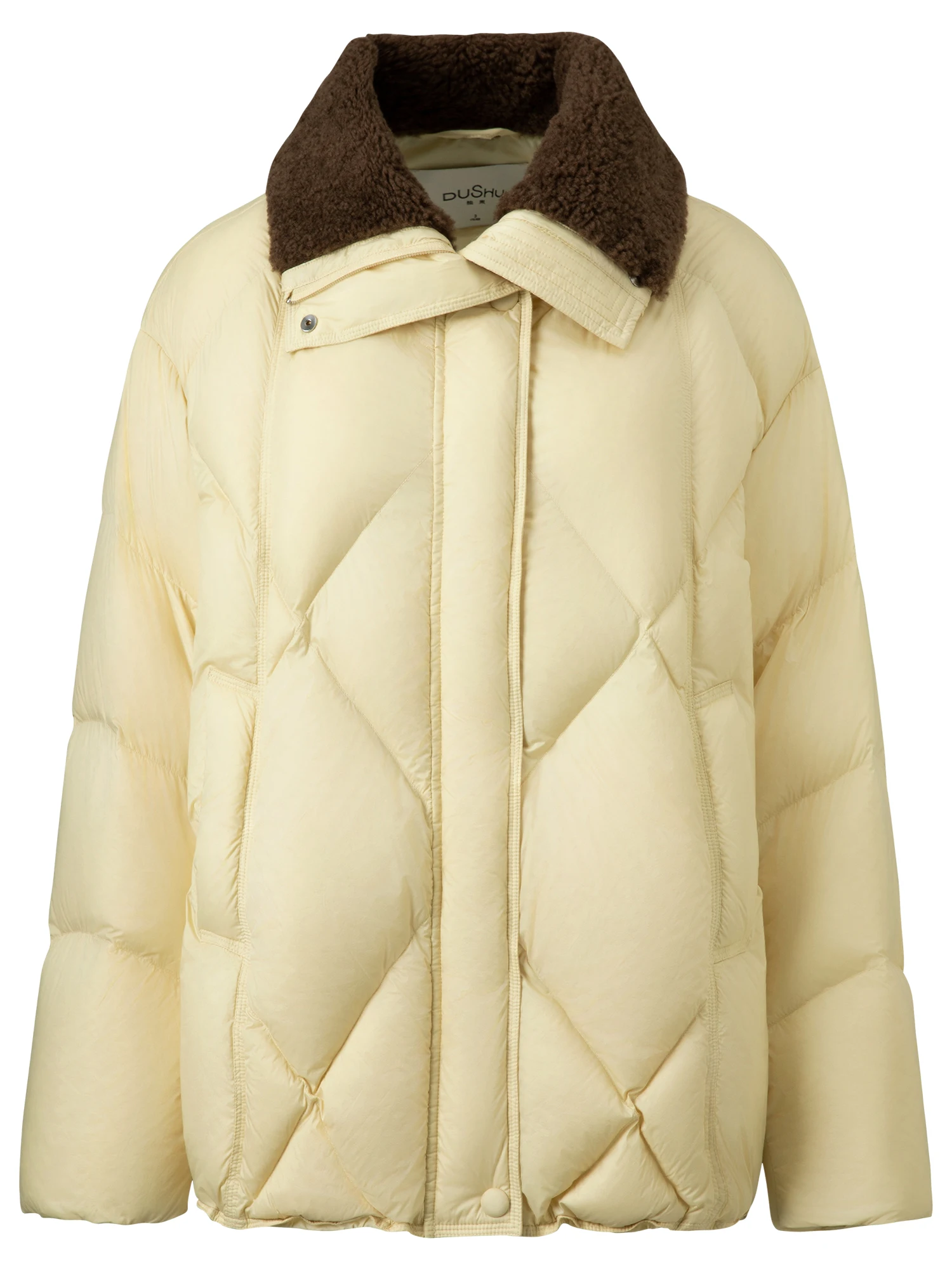 DUSHU Furry Lapel Quilted White Duck Down Coats Women Casual Daily Retro Simple Loose Short Warm Coat Contrast Color Girlish BF
