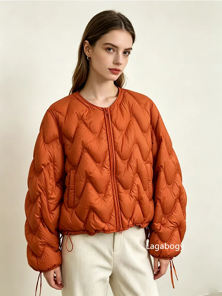 Lagabogy Women Loose Round Neck Short White Duck Down Coat Outwear Autumn Winter Lightweight Wave Quilted Puffer Jacket Female