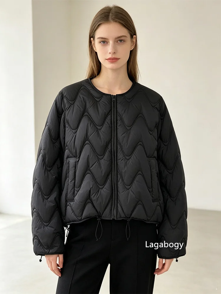 Lagabogy Women Loose Round Neck Short White Duck Down Coat Outwear Autumn Winter Lightweight Wave Quilted Puffer Jacket Female