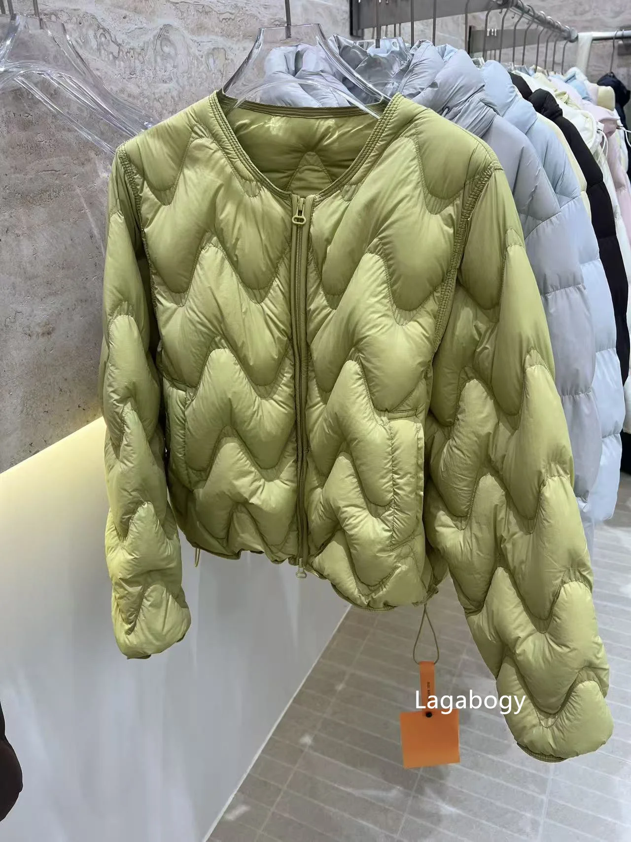 Lagabogy Women Loose Round Neck Short White Duck Down Coat Outwear Autumn Winter Lightweight Wave Quilted Puffer Jacket Female