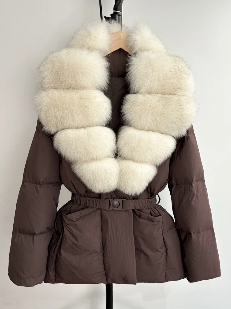 Lagabogy 2025 Large Real Fox Fur Winter Belt Waist-Tight Elegant Warm 90% White Duck Down Jacket Female V-neck Loose Puffer Coat