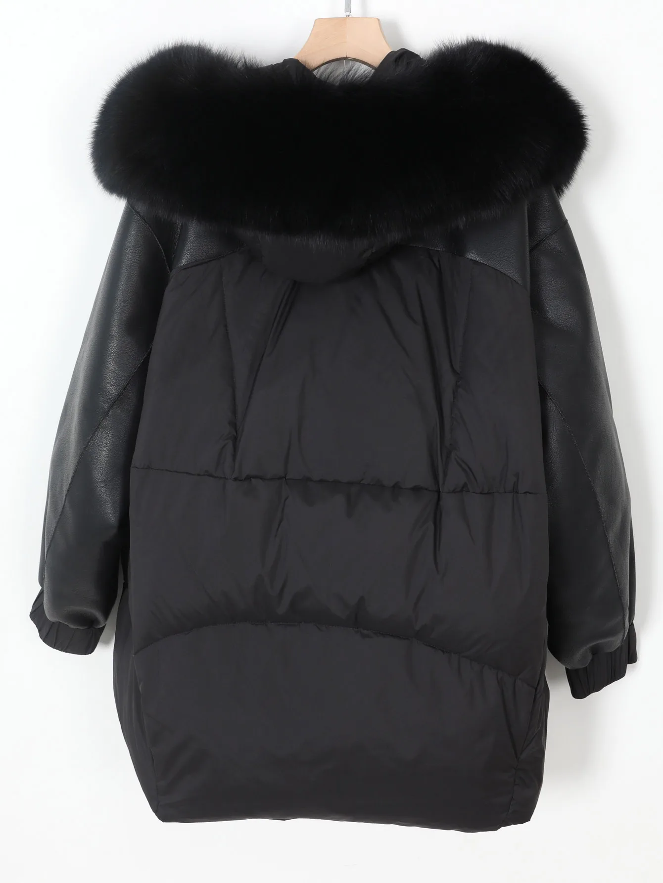 Maomaokong Real Fox Fur Collar Women's Winter Down Jacket Black Soft Faux Leather Fabric Patching Cool Oversized Zipper Fashion
