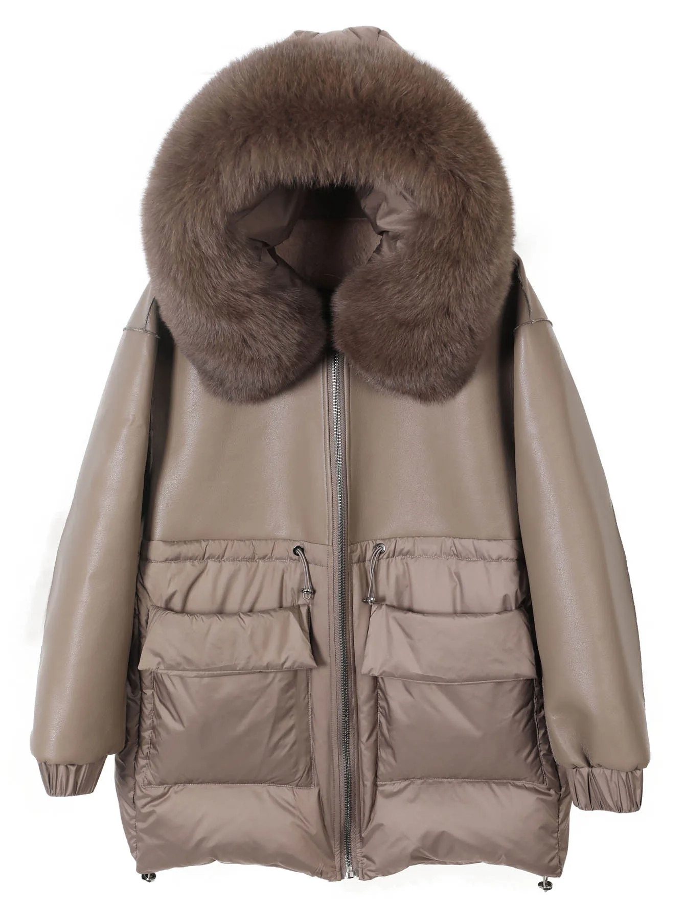 Maomaokong Real Fox Fur Collar Women's Winter Down Jacket Black Soft Faux Leather Fabric Patching Cool Oversized Zipper Fashion