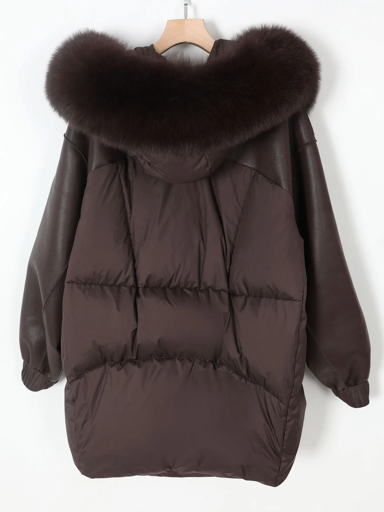 Maomaokong Real Fox Fur Collar Women's Winter Down Jacket Black Soft Faux Leather Fabric Patching Cool Oversized Zipper Fashion