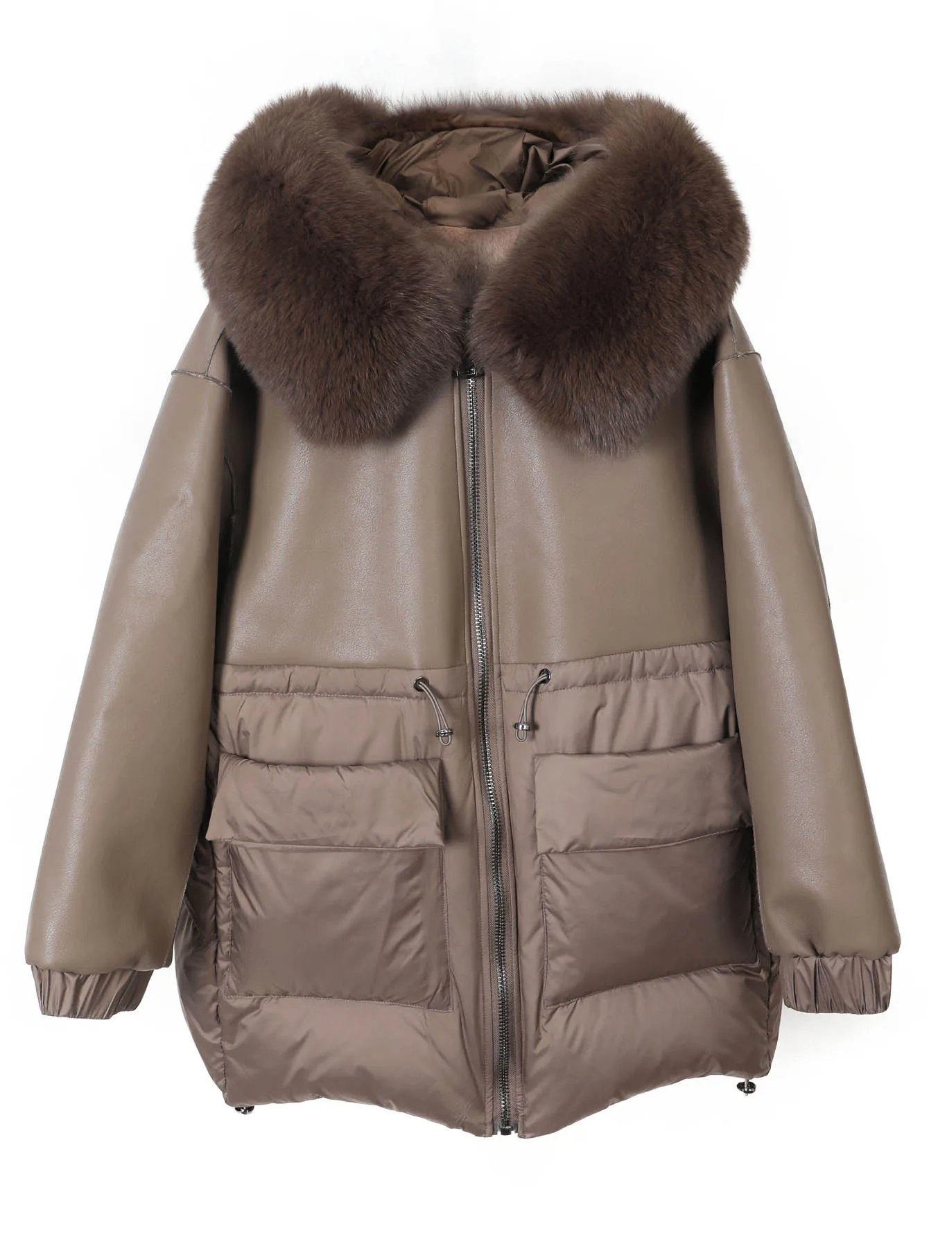 Maomaokong Real Fox Fur Collar Women's Winter Down Jacket Black Soft Faux Leather Fabric Patching Cool Oversized Zipper Fashion