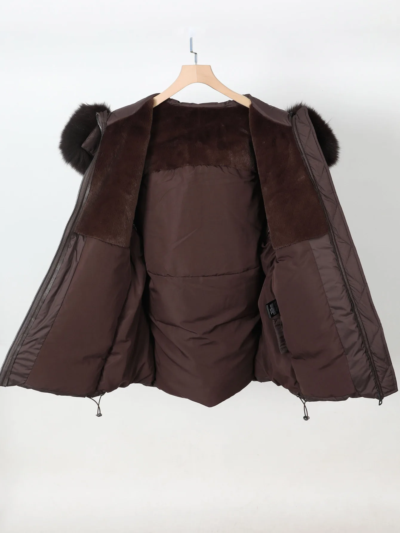 Maomaokong Real Fox Fur Collar Women's Winter Down Jacket Black Soft Faux Leather Fabric Patching Cool Oversized Zipper Fashion