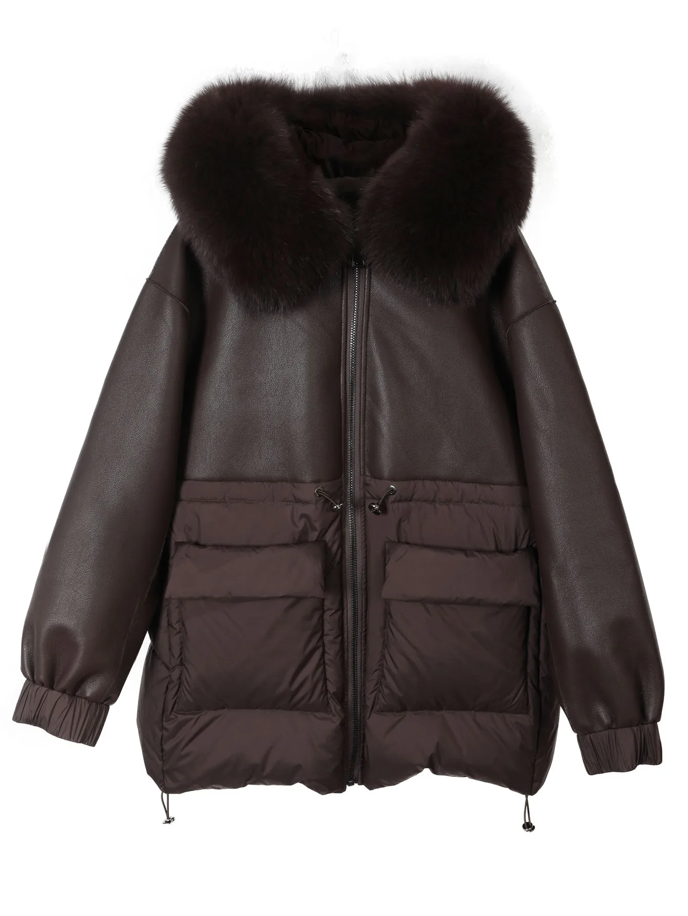 Maomaokong Real Fox Fur Collar Women's Winter Down Jacket Black Soft Faux Leather Fabric Patching Cool Oversized Zipper Fashion