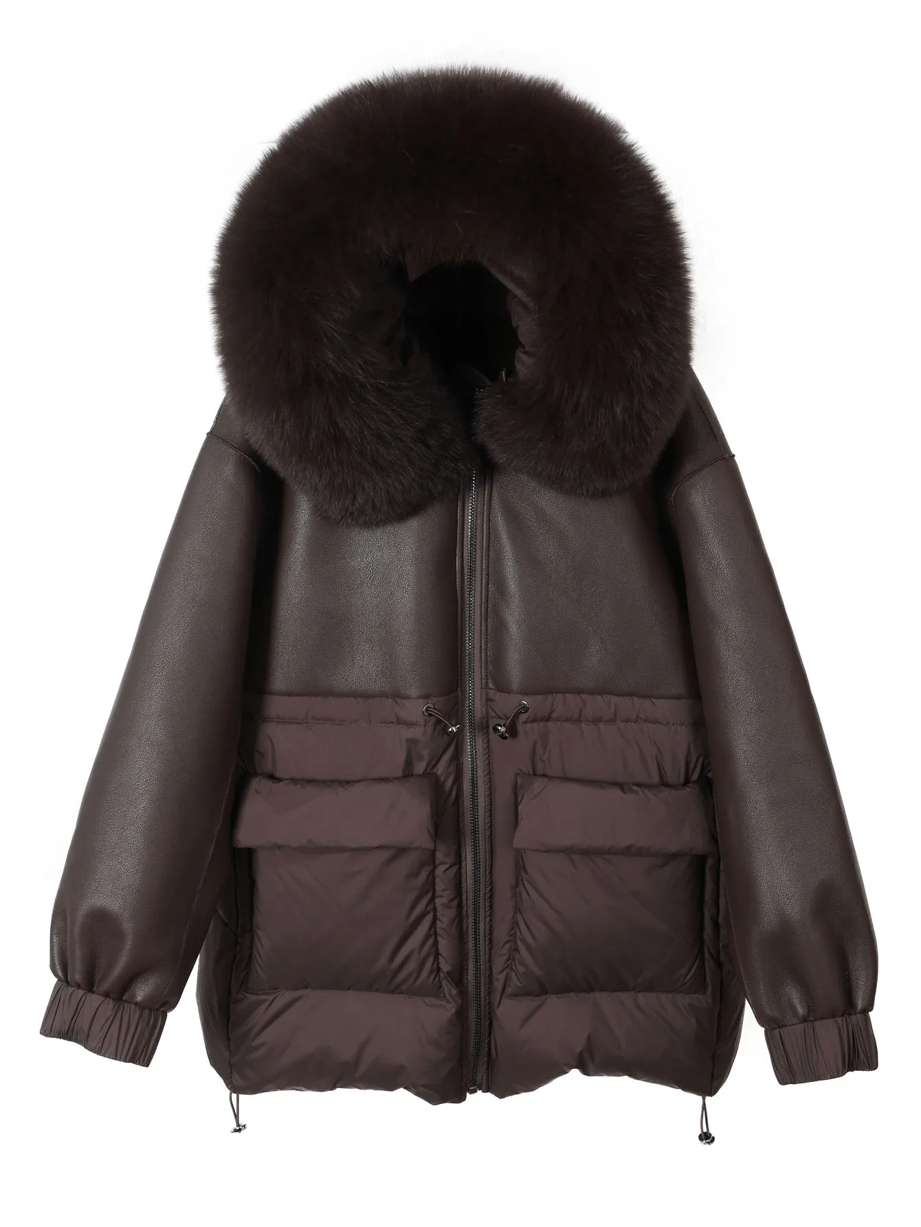 Maomaokong Real Fox Fur Collar Women's Winter Down Jacket Black Soft Faux Leather Fabric Patching Cool Oversized Zipper Fashion
