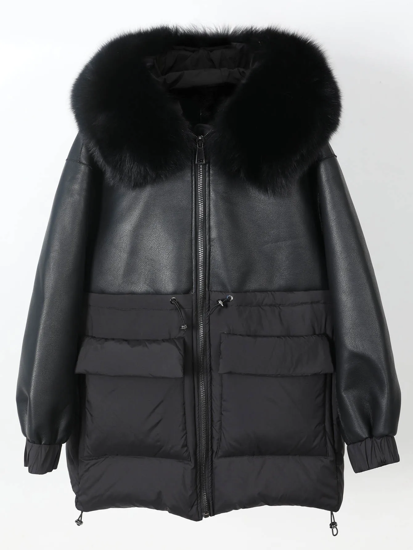 Maomaokong Real Fox Fur Collar Women's Winter Down Jacket Black Soft Faux Leather Fabric Patching Cool Oversized Zipper Fashion