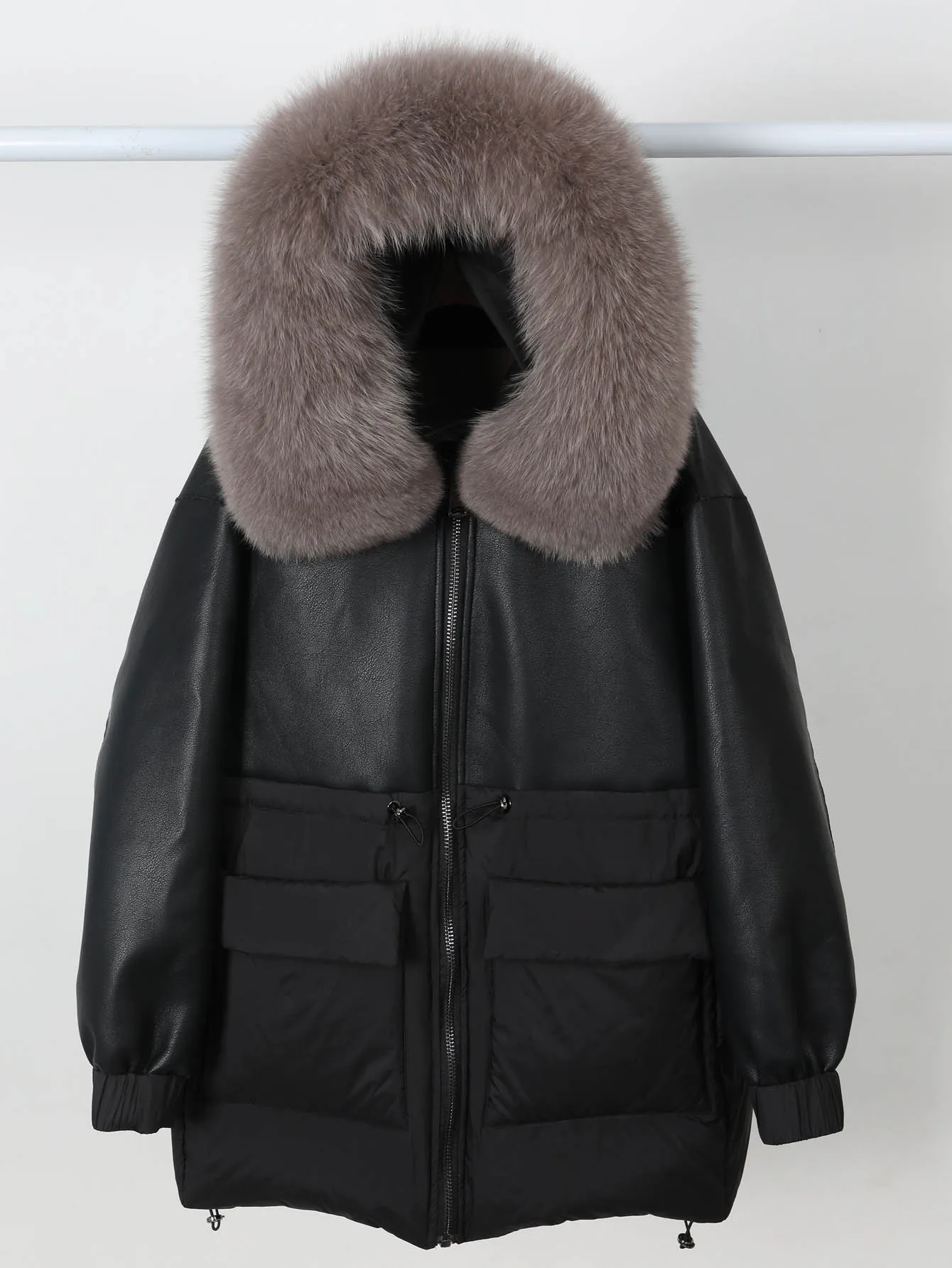 Maomaokong Real Fox Fur Collar Women's Winter Down Jacket Black Soft Faux Leather Fabric Patching Cool Oversized Zipper Fashion