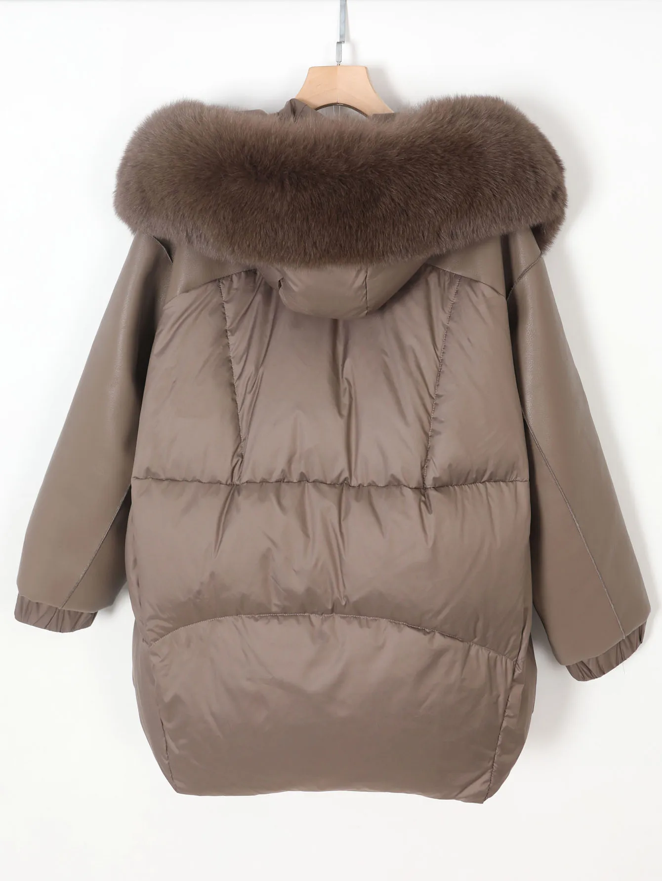 Maomaokong Real Fox Fur Collar Women's Winter Down Jacket Black Soft Faux Leather Fabric Patching Cool Oversized Zipper Fashion