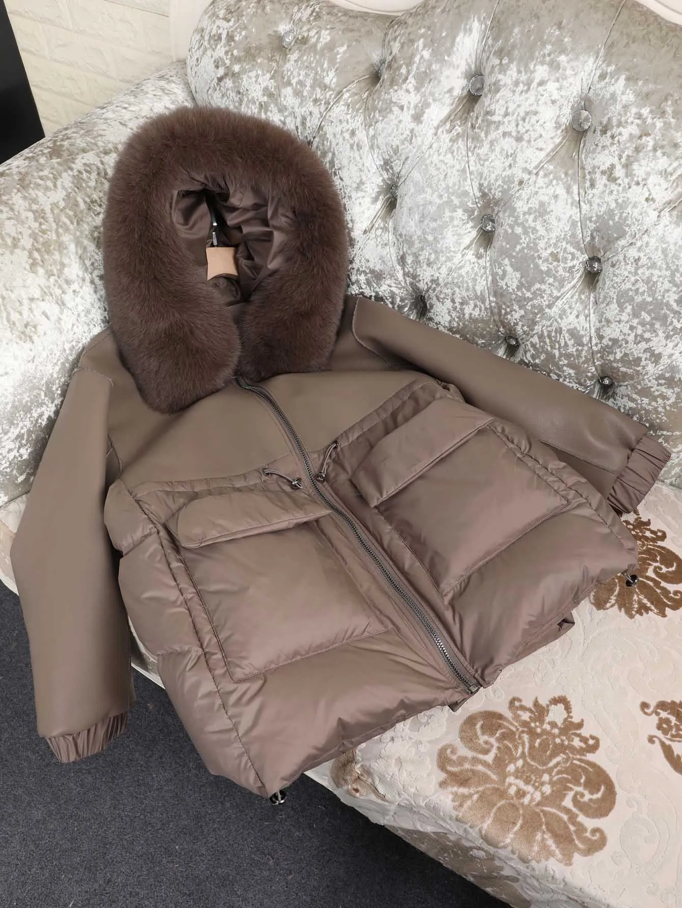 Maomaokong Real Fox Fur Collar Women's Winter Down Jacket Black Soft Faux Leather Fabric Patching Cool Oversized Zipper Fashion
