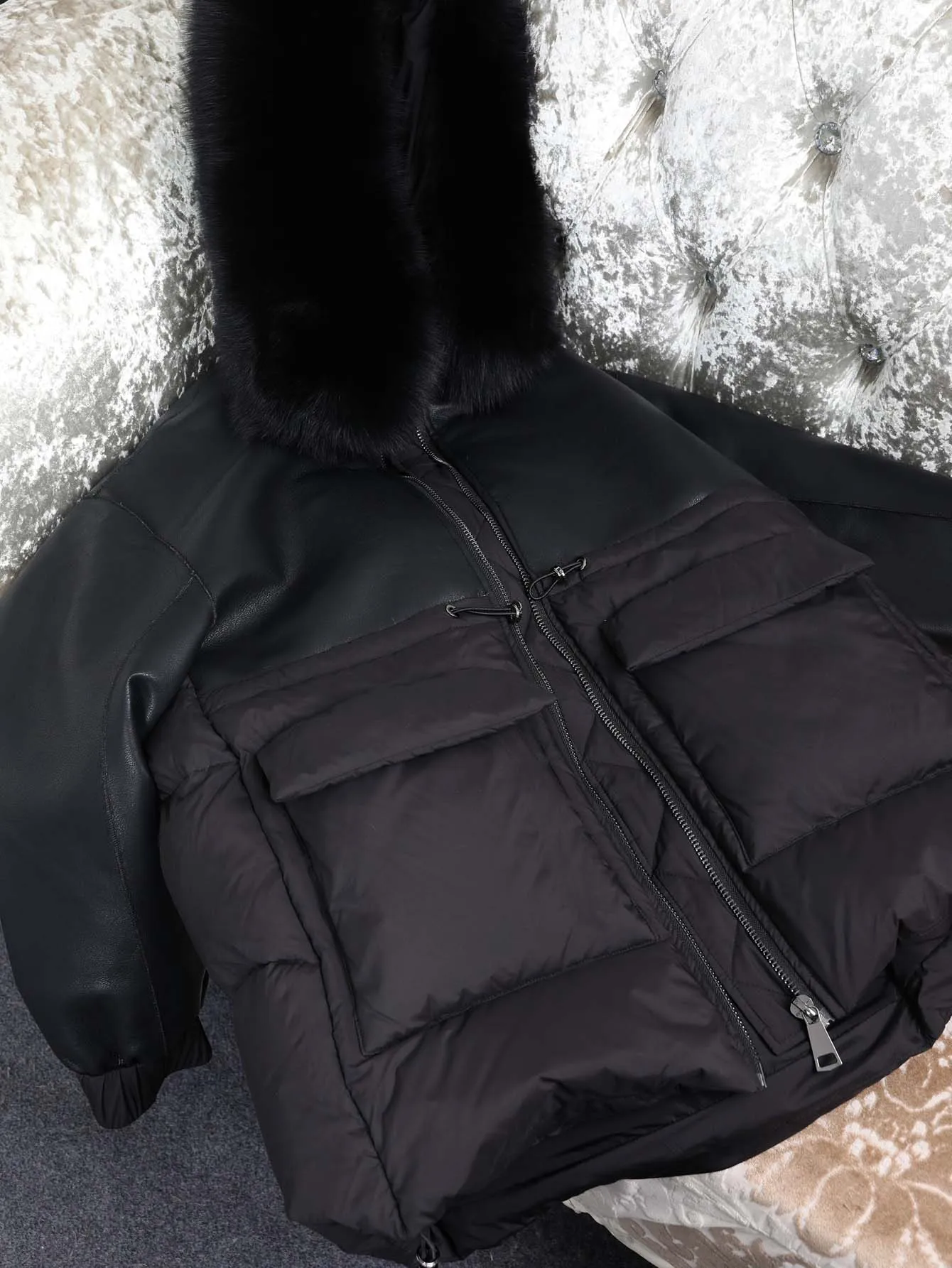 Maomaokong Real Fox Fur Collar Women's Winter Down Jacket Black Soft Faux Leather Fabric Patching Cool Oversized Zipper Fashion