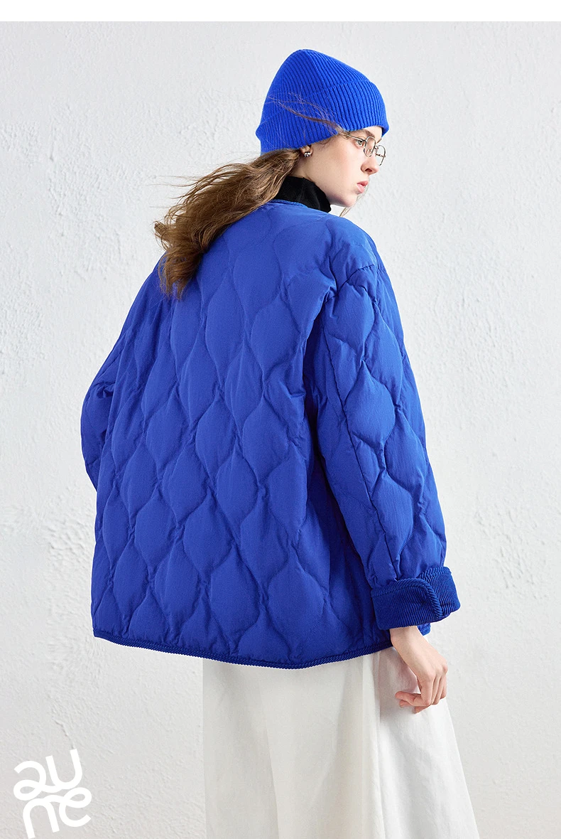 TOYOUTH Women Down Jacket 2026 Winter New Arrival Lightweight Loose Crew Neck Corduroy Spliced Outerwear