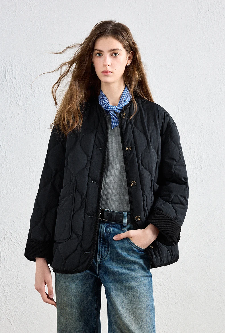 TOYOUTH Women Down Jacket 2026 Winter New Arrival Lightweight Loose Crew Neck Corduroy Spliced Outerwear