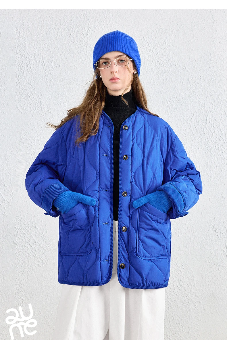 TOYOUTH Women Down Jacket 2026 Winter New Arrival Lightweight Loose Crew Neck Corduroy Spliced Outerwear