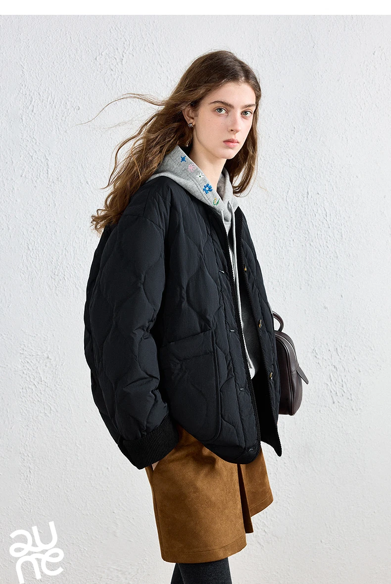 TOYOUTH Women Down Jacket 2026 Winter New Arrival Lightweight Loose Crew Neck Corduroy Spliced Outerwear