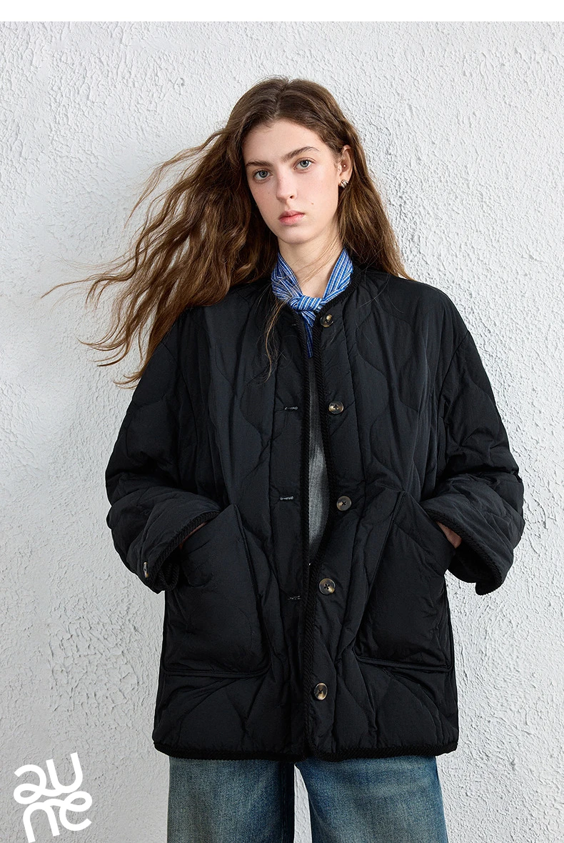 TOYOUTH Women Down Jacket 2026 Winter New Arrival Lightweight Loose Crew Neck Corduroy Spliced Outerwear