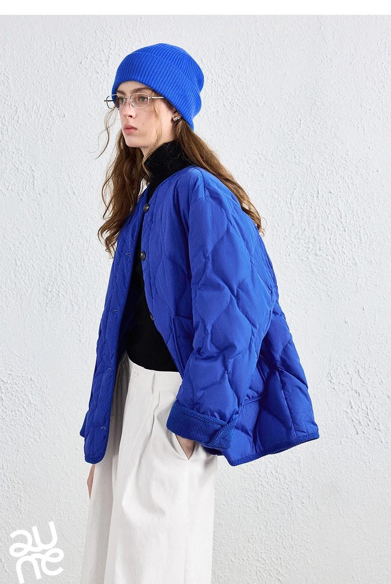 TOYOUTH Women Down Jacket 2026 Winter New Arrival Lightweight Loose Crew Neck Corduroy Spliced Outerwear