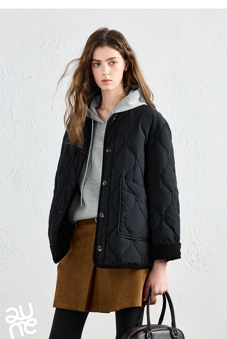TOYOUTH Women Down Jacket 2026 Winter New Arrival Lightweight Loose Crew Neck Corduroy Spliced Outerwear