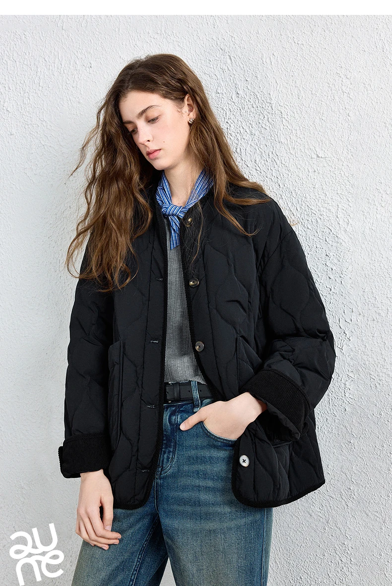 TOYOUTH Women Down Jacket 2026 Winter New Arrival Lightweight Loose Crew Neck Corduroy Spliced Outerwear
