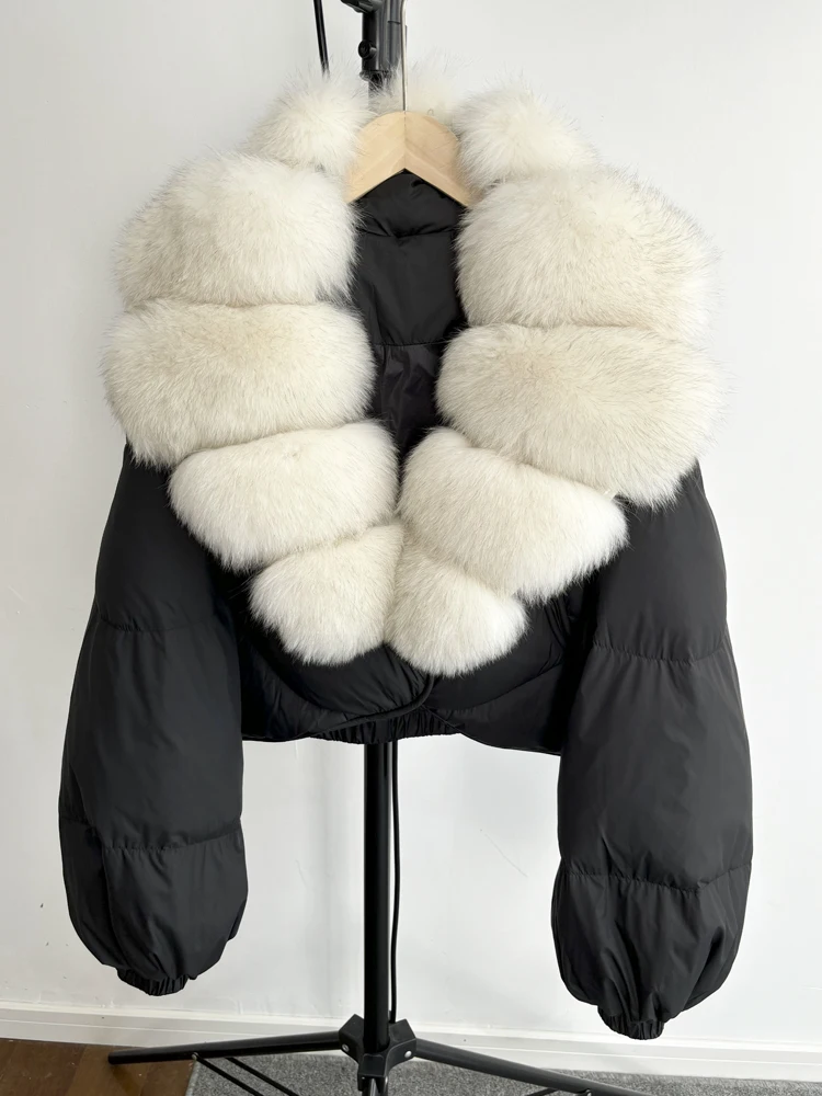 Janveny Real Fur Coat Women Luxury 2026 Winter 90% White Duck Down Jacket Super Big Natural Fox Fur Collar Female Puffer Parkas