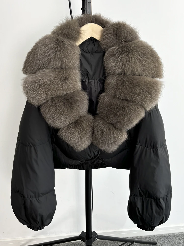 Janveny Real Fur Coat Women Luxury 2026 Winter 90% White Duck Down Jacket Super Big Natural Fox Fur Collar Female Puffer Parkas