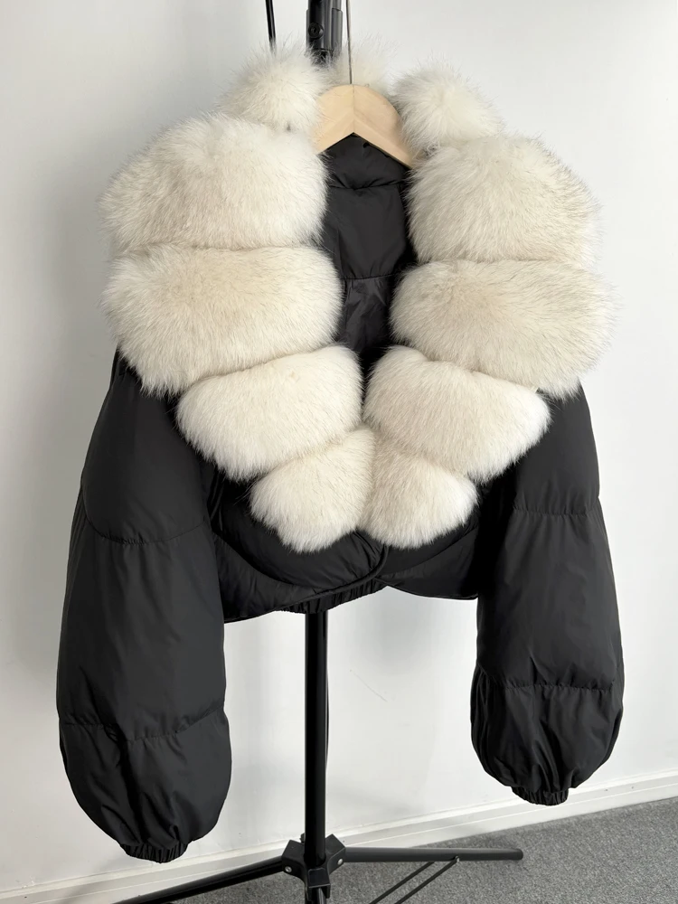 Janveny Real Fur Coat Women Luxury 2026 Winter 90% White Duck Down Jacket Super Big Natural Fox Fur Collar Female Puffer Parkas