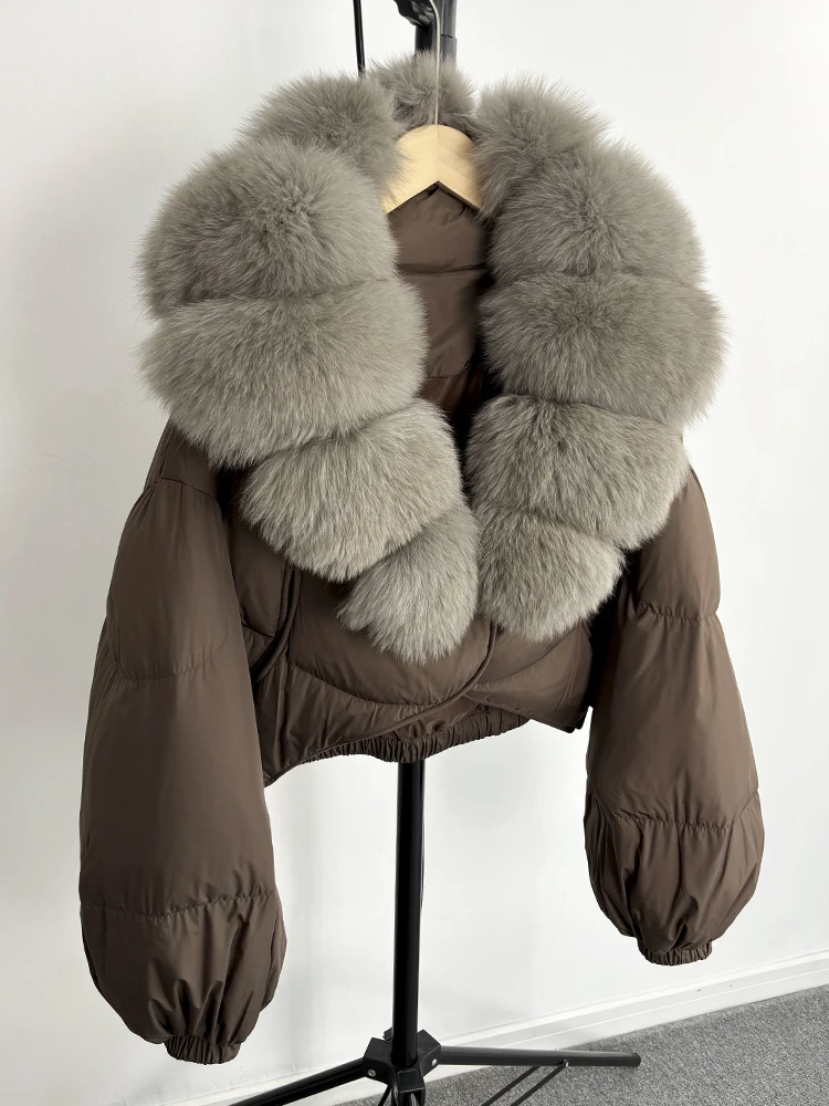 Janveny Real Fur Coat Women Luxury 2026 Winter 90% White Duck Down Jacket Super Big Natural Fox Fur Collar Female Puffer Parkas